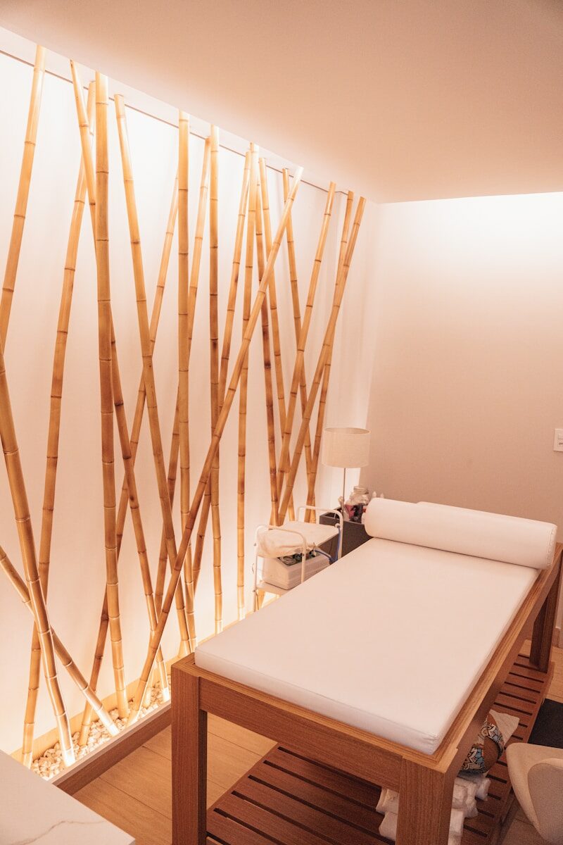 a bed with a wooden frame